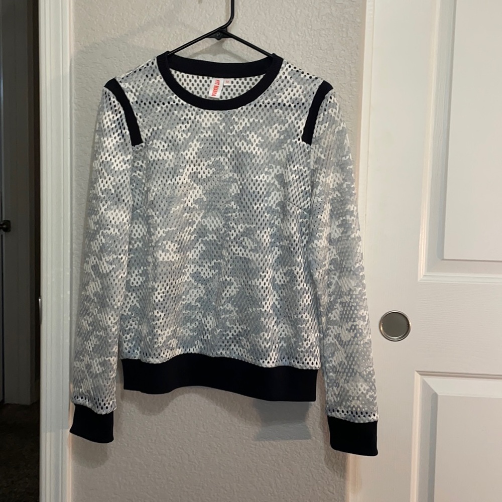 Blue and White Mesh Pullover. Women’s Medium